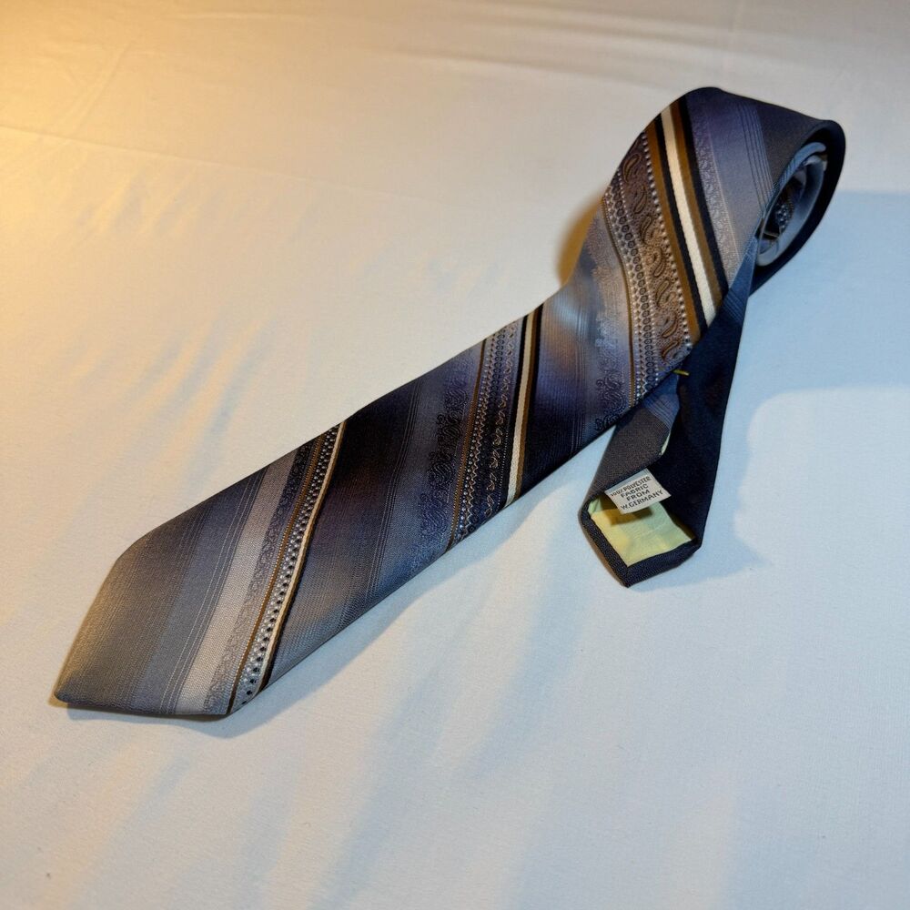 Beau Brummell Classic Men Blue Brown Paisley Striped Silk Blend Vintage Necktie